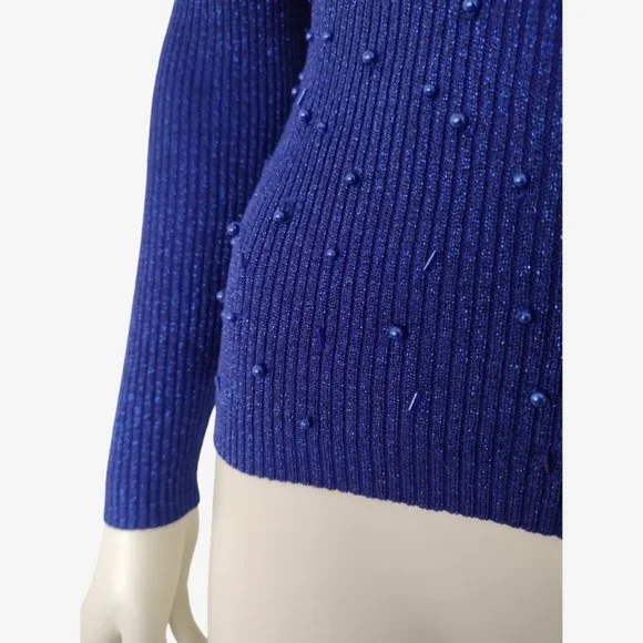 Vintage 1980s Blue Metallic Silk Beaded Stretch Knit Mock Neck Sweater - Picture 10 of 12